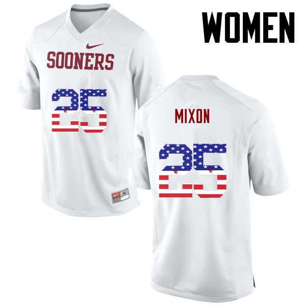 Women Oklahoma Sooners #25 Joe Mixon College Football USA Flag Fashion Jerseys-White - Click Image to Close
